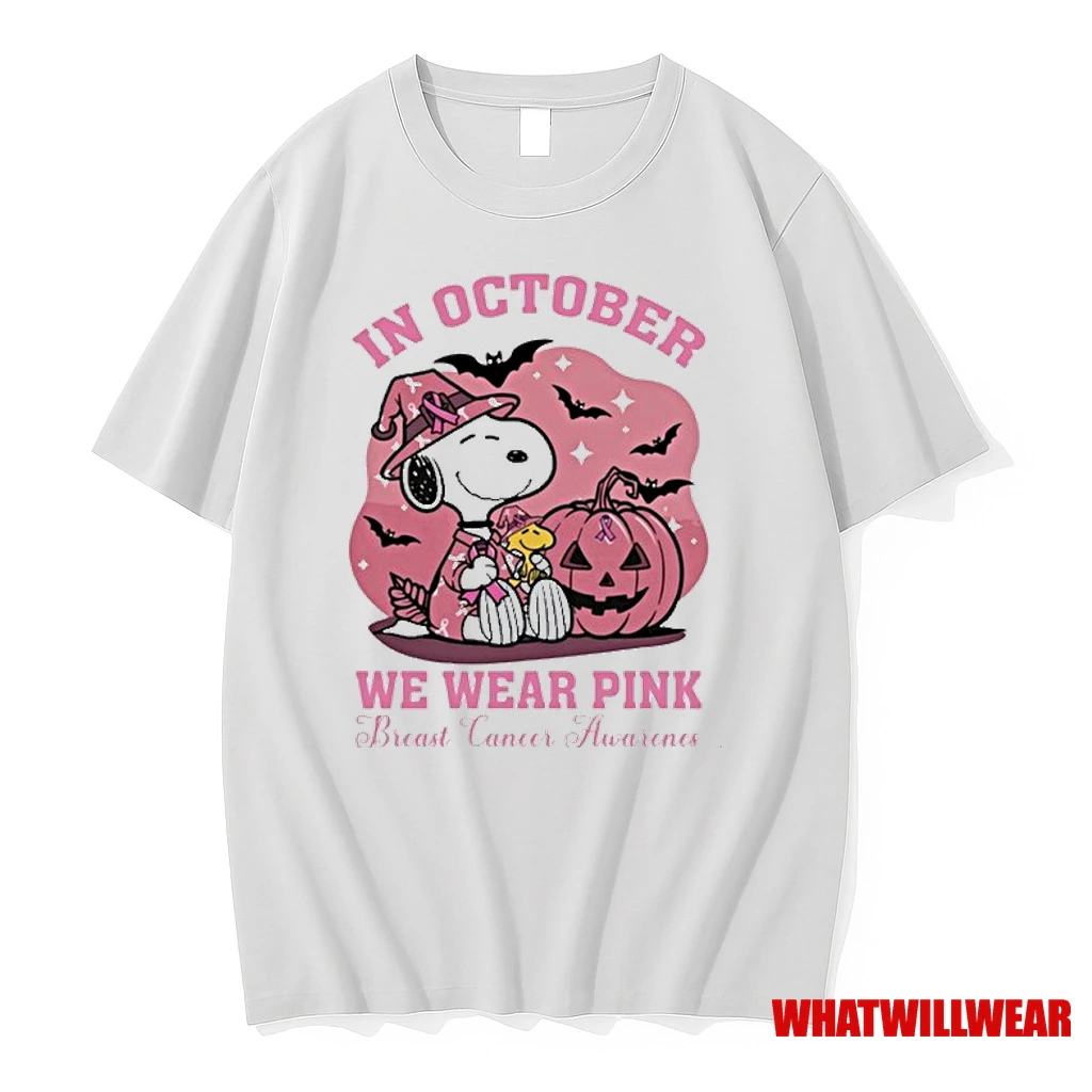 Snoopy The Peanuts In October We Wear Pink Breast Cancer Awareness Pumpkin Halloween Shirts