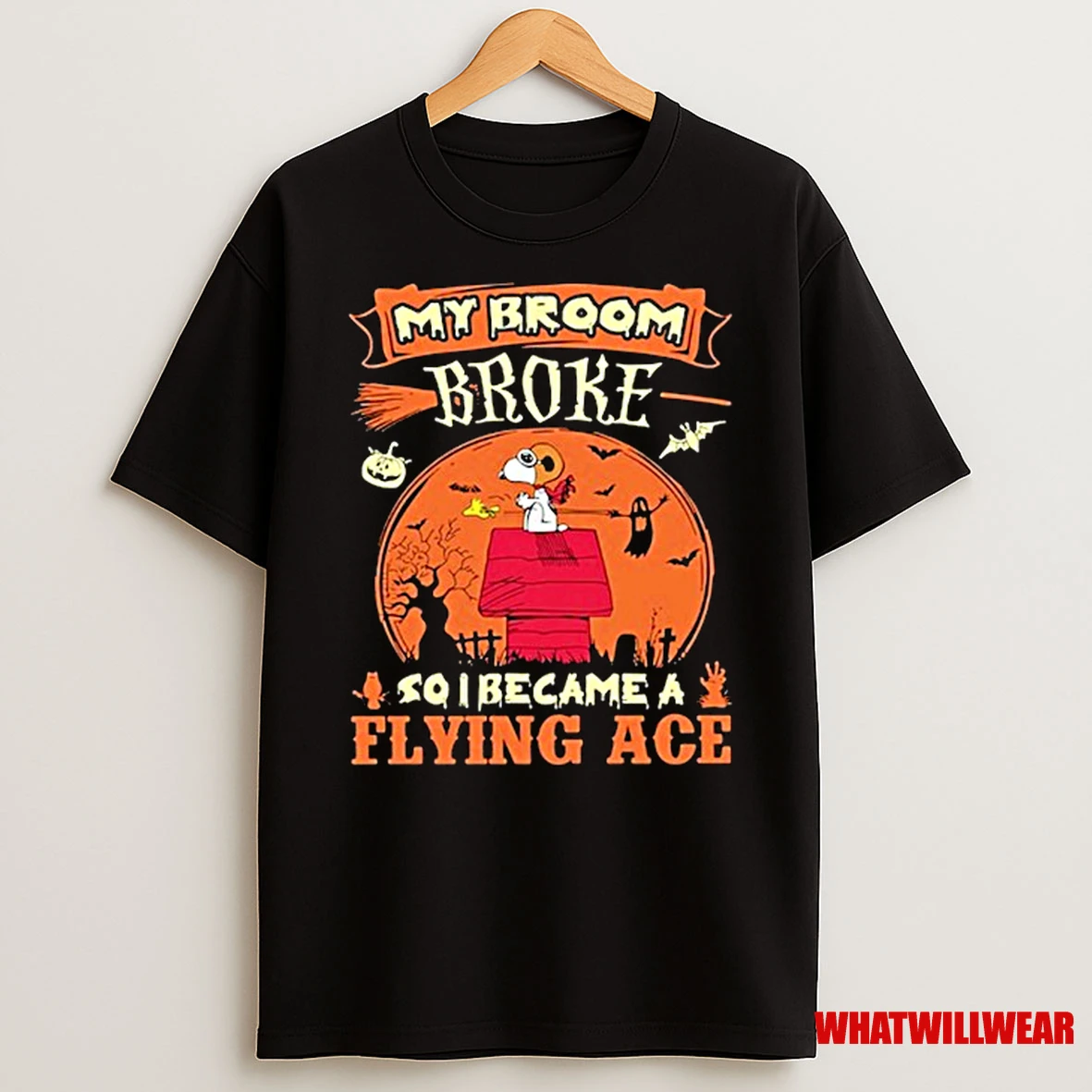 Snoopy The Peanuts My Broom Broke So Became A Flying Ace Halloween Shirts