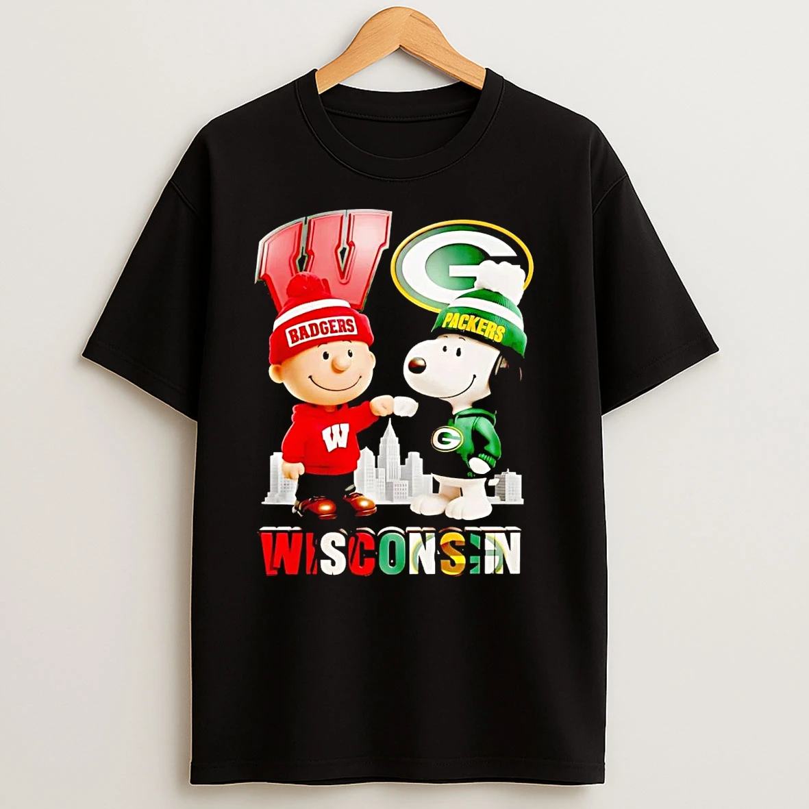 Snoopy And Charlie Brown Wisconsin Skyline Badgers And Packers T Shirts