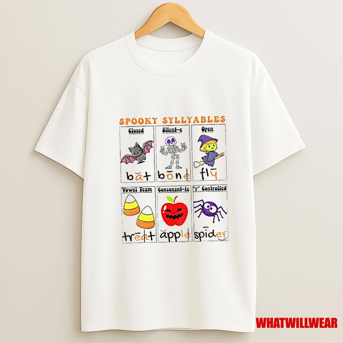 Spooky Syllables Bat Bone Fly Treat Apple Spider Halloween Shirts
