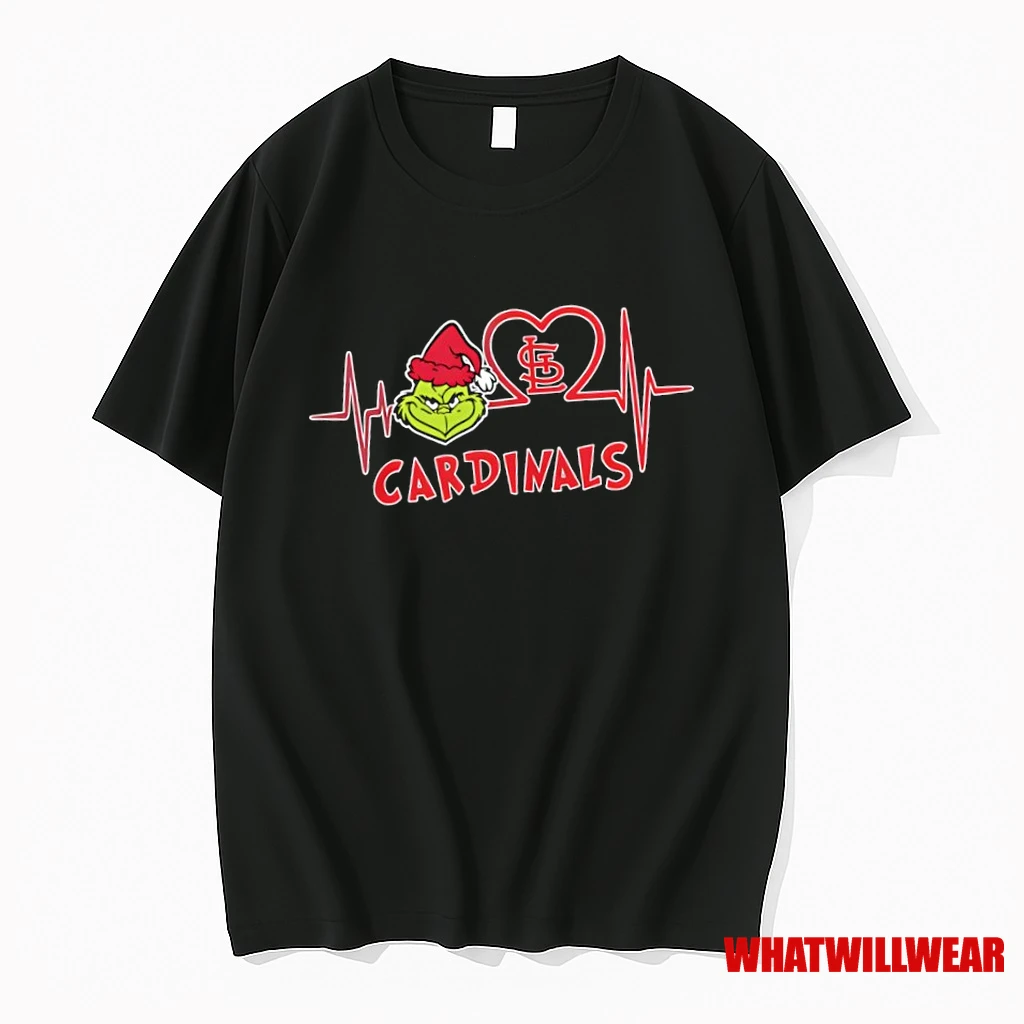 St Louis Cardinals X Grinch Santa Heartbeat Love Logo Merry Christmas Shirts