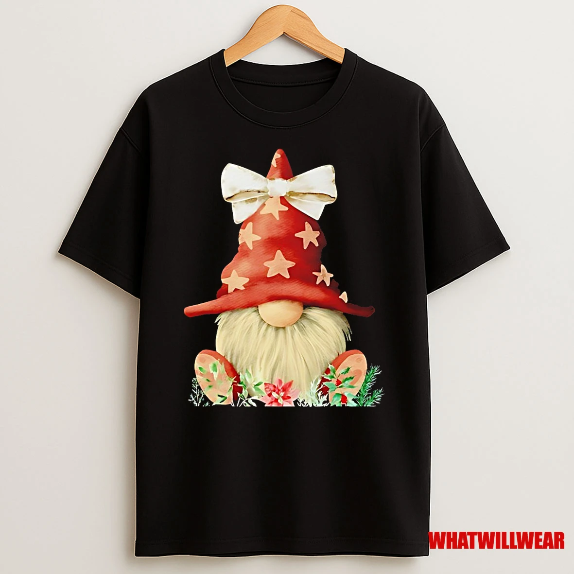Star Hat Gnome With Bow And Poinsettia Rustic Christmas Shirts