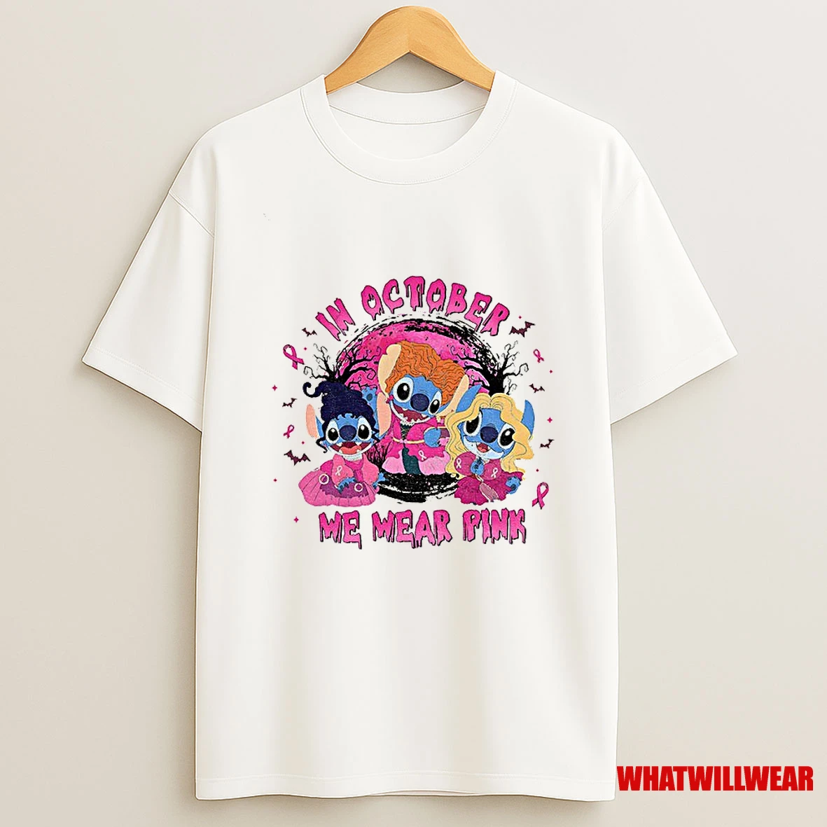 Stitch In October We Wear Pink Cartoon Breast Cancer Awareness Shirts