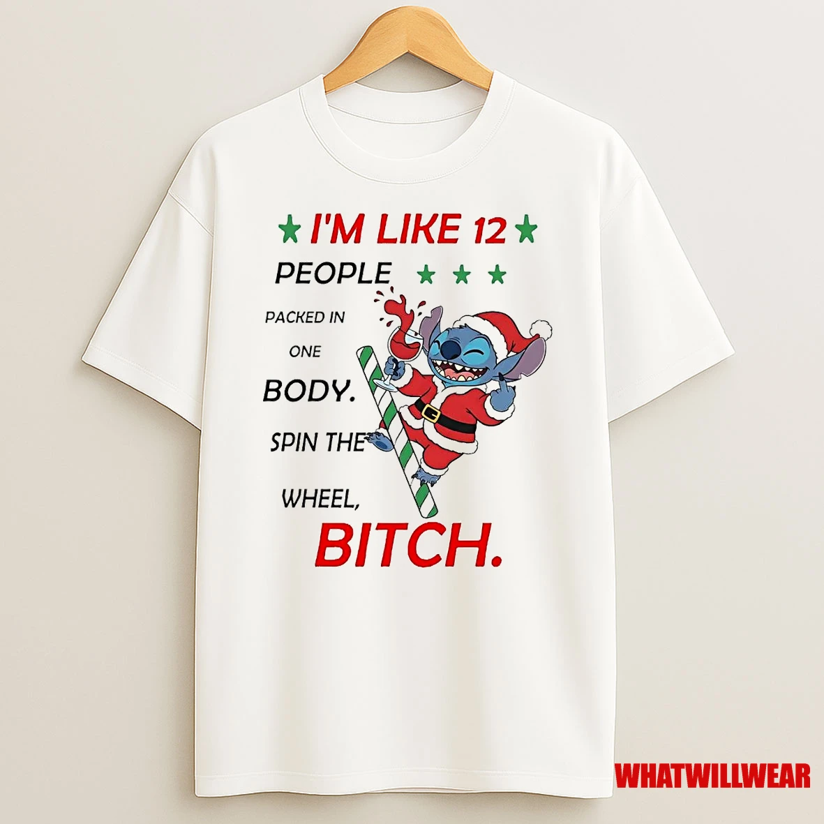 Stitch Middle Finger Im Like 12 Spin The Wheel Bitch Christmas Shirts