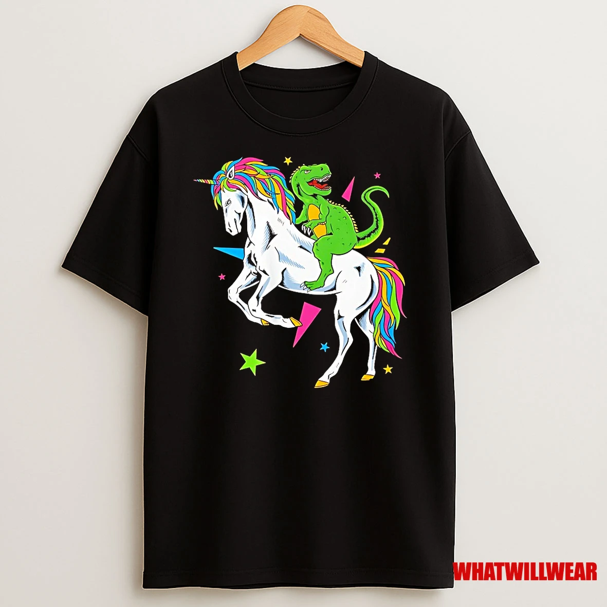 T Rex Riding Rainbow Unicorn Christmas Retro 80s Style Shirts