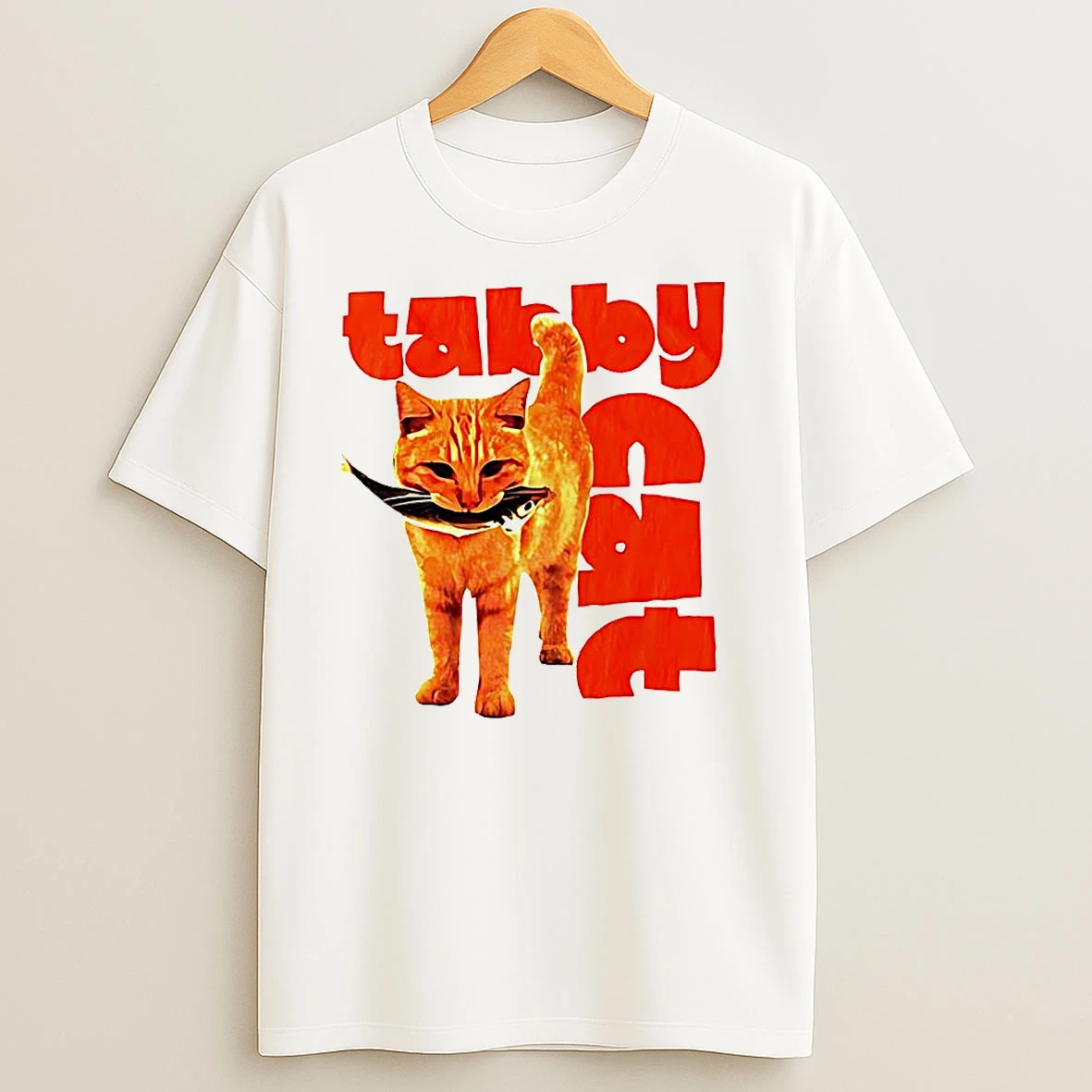 Tabby Cat Holding Fish Meme T Shirts