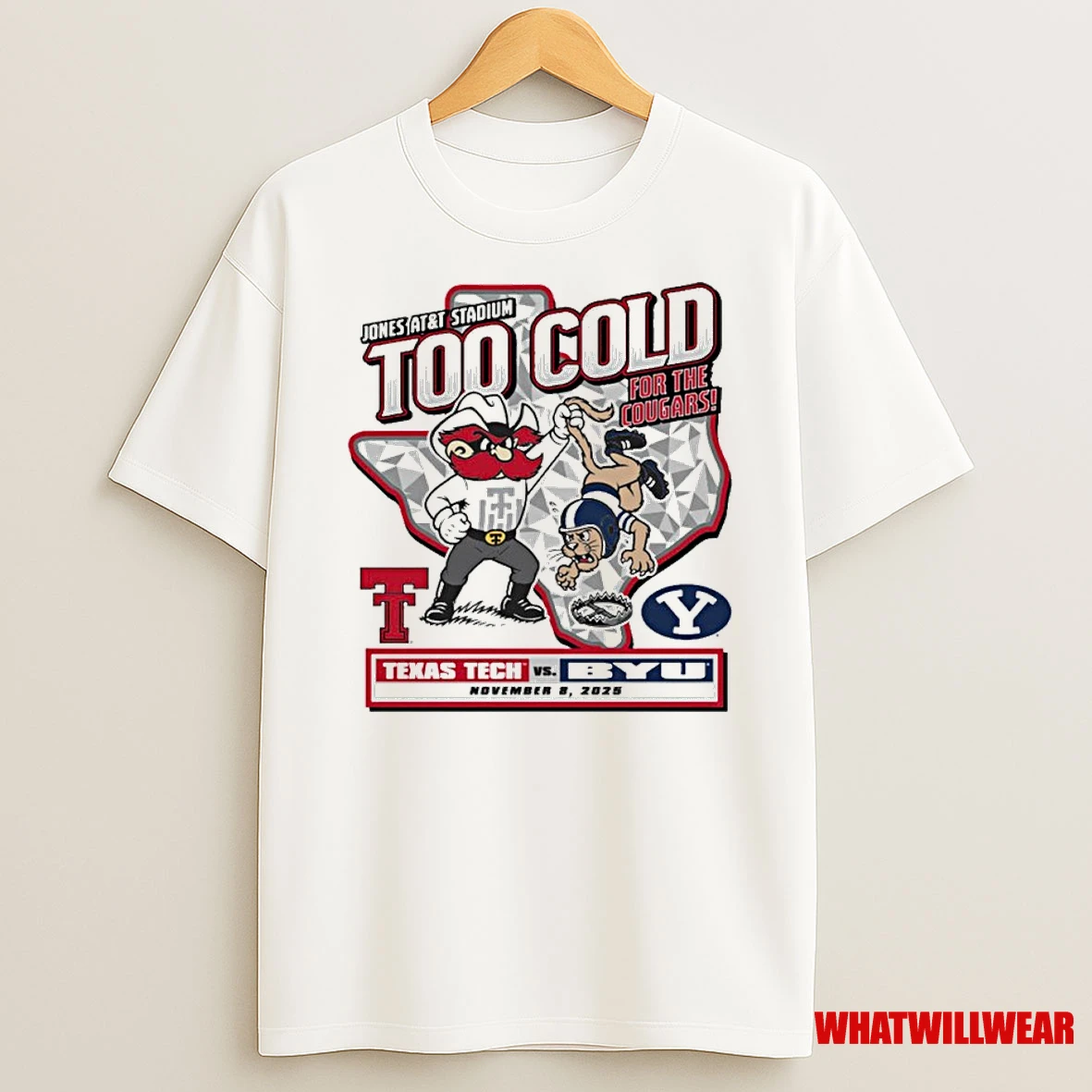 Texas Tech Red Raiders Vs Byu Cougars Jones Att To Cold For The Cougars Nov 8 2025 Gameday Shirts