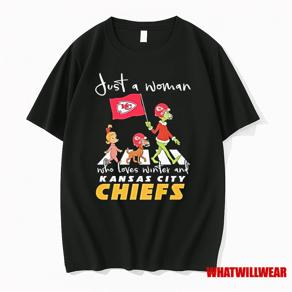 The Grinch Just A Woman Who Loves Winter And Kansas City Chiefs Christmas Road Abbey Shirts