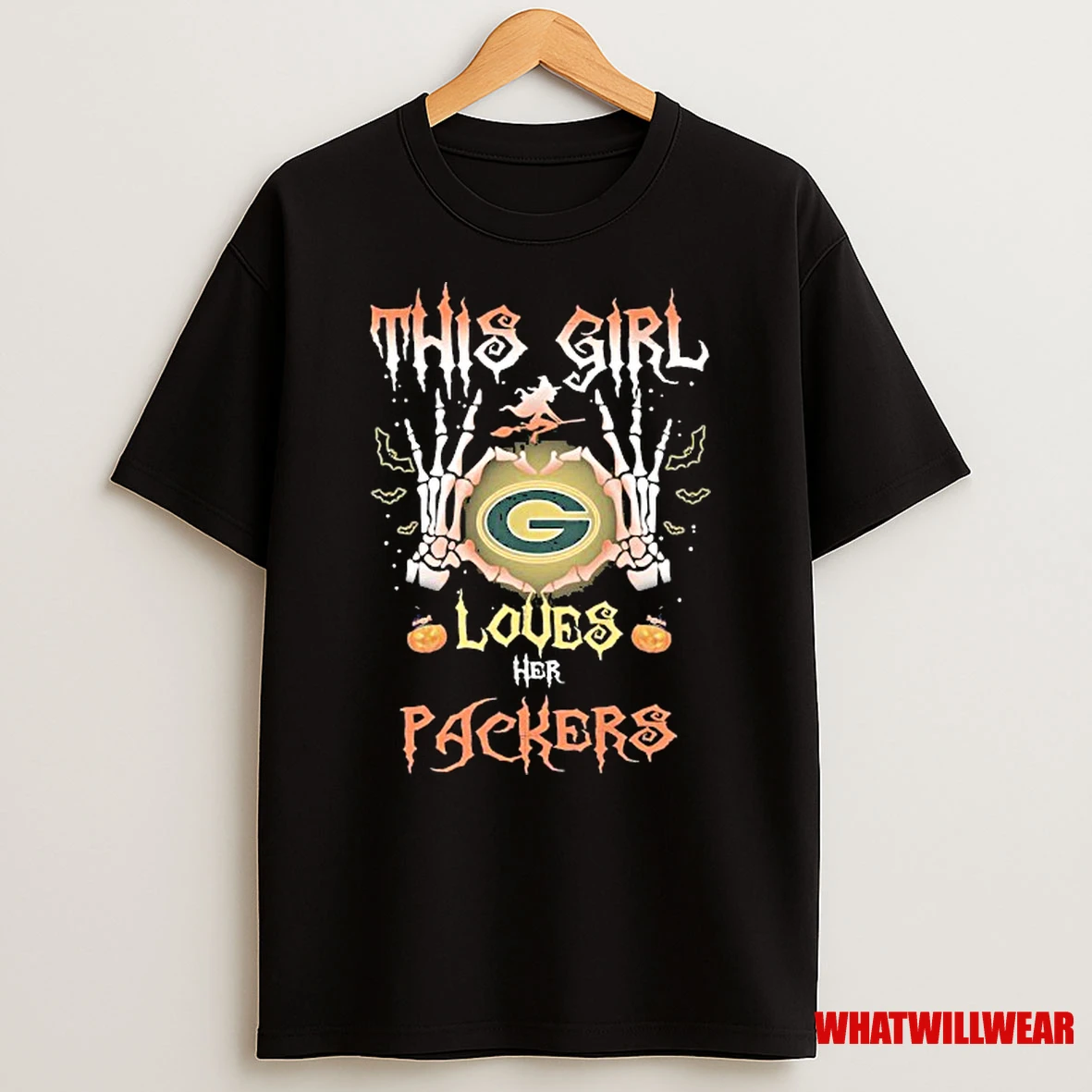 This Girl Loves Her Green Bay Packers Skeleton Heart Hands Halloween Shirts