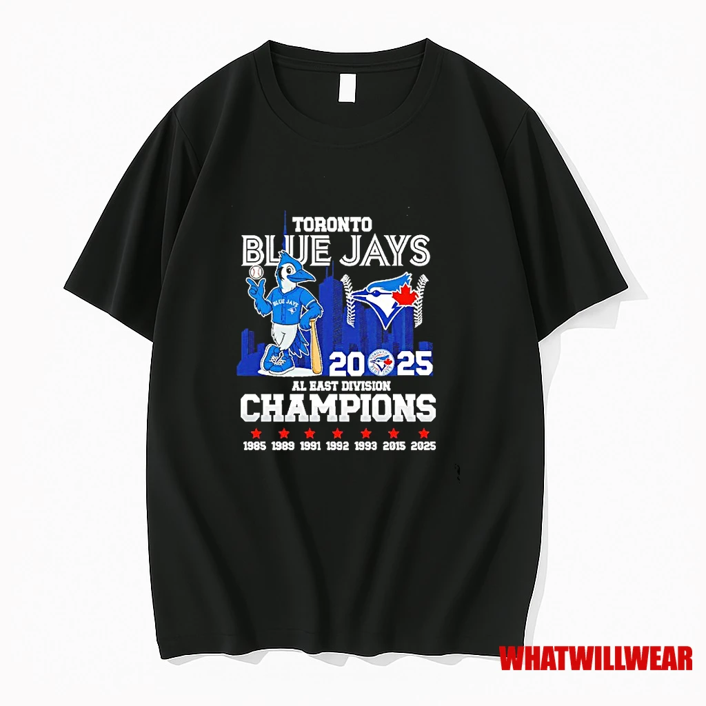 Toronto Blue Jays 2025 Al East Division Champions 1985 To 2025 Mascot City Skyline Shirts