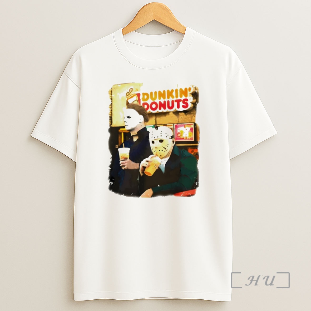 Trending Dunkin Donuts Horror Movie Michael And Jason Funny Halloween Premium Shirt Sweatshirt Tee