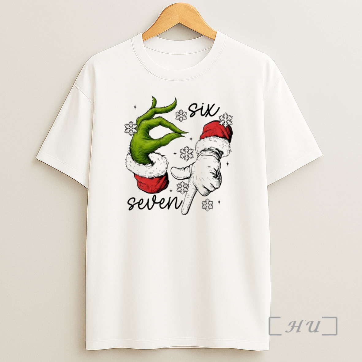 Trending Grinch And Santa Claus Hand Trending Six Seven Meme Merry Christmas Premium Shirt Sweatshirt Tee