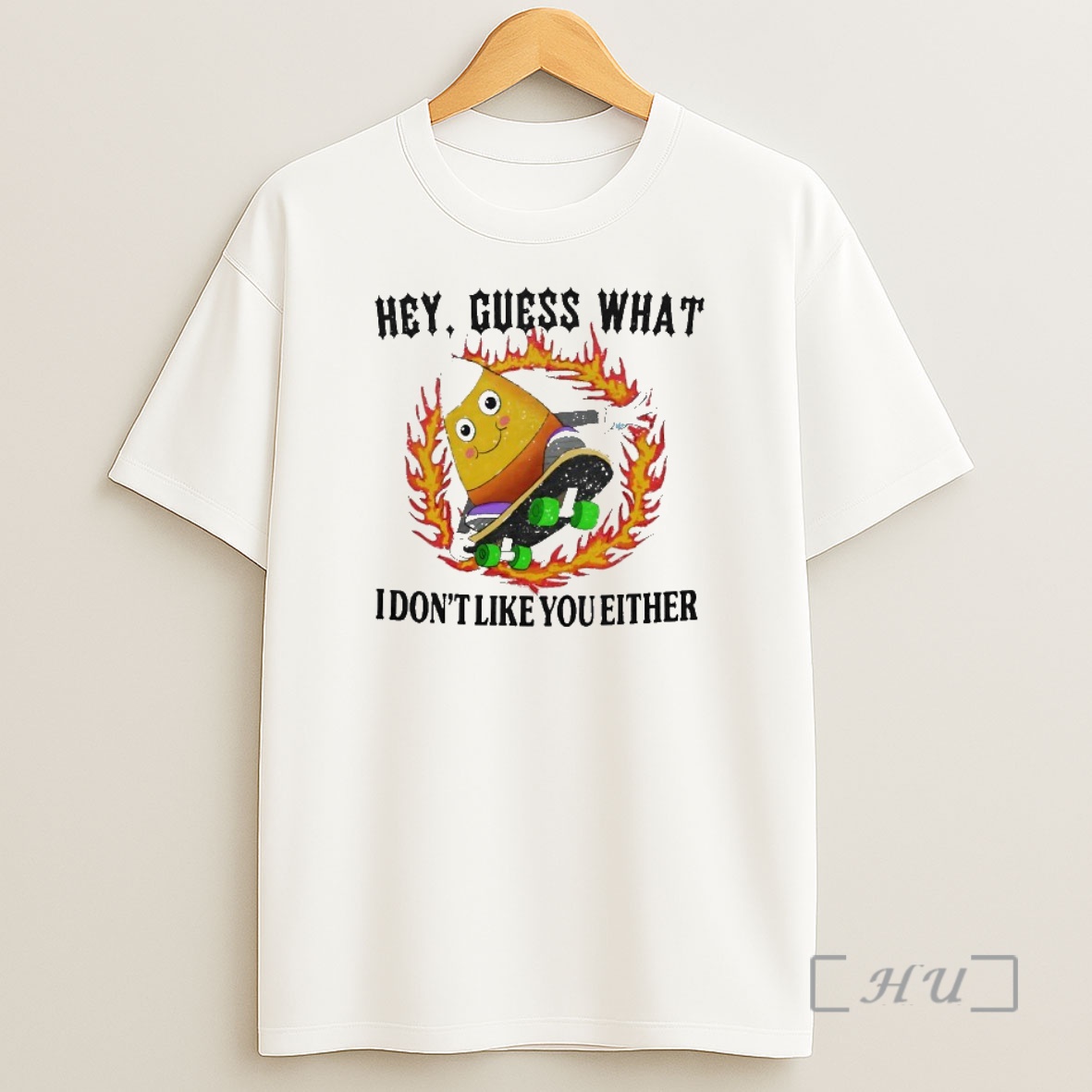 Trending Hey Guess What I Dont Like You Either Candy Corn Skateboarding Halloween Premium Shirt Sweatshirt Tee