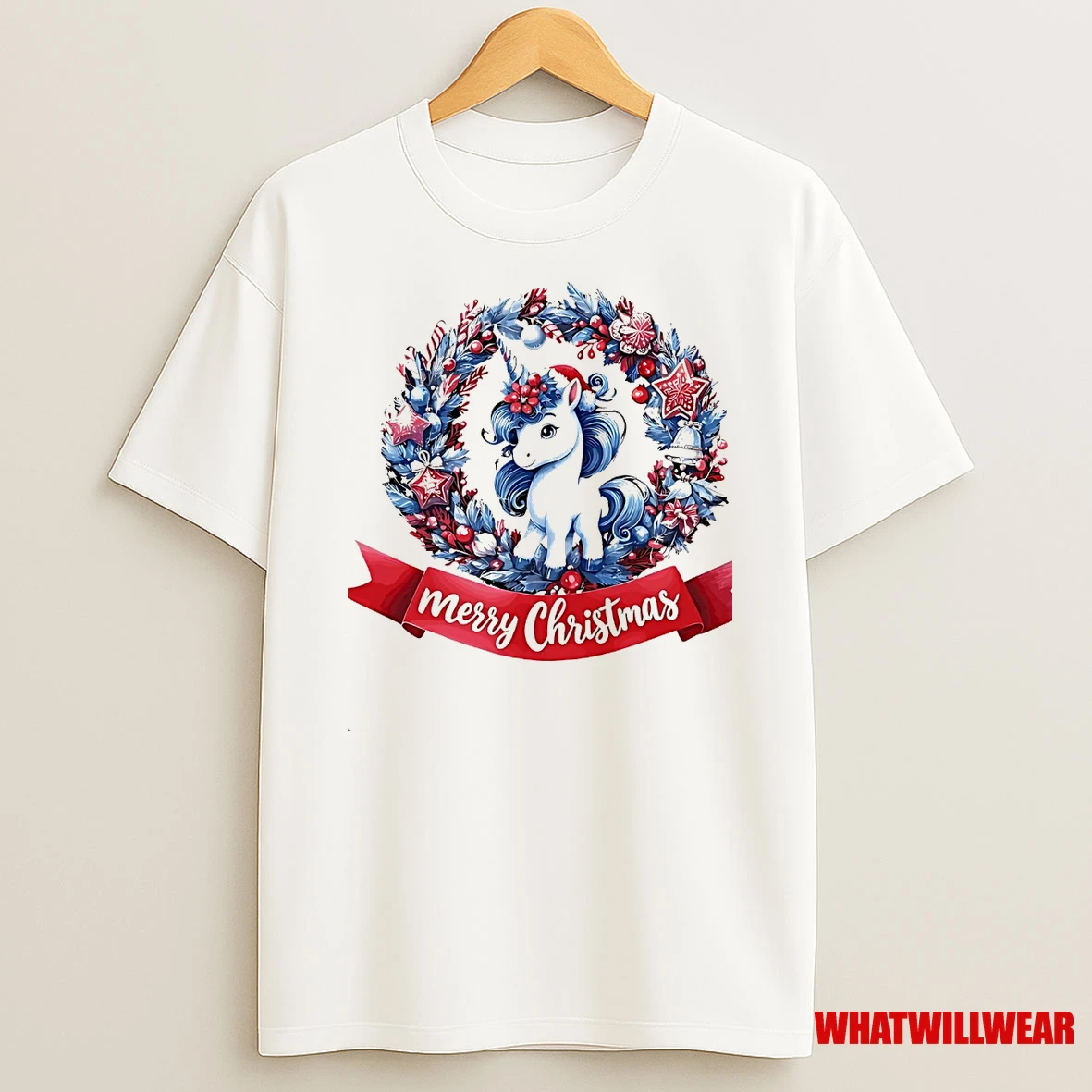 Unicorn Magic Blue Wreath Merry Christmas Shirts