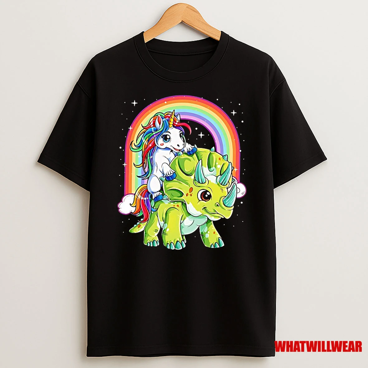 Unicorn Riding Triceratops Under Rainbow Christmas Shirts