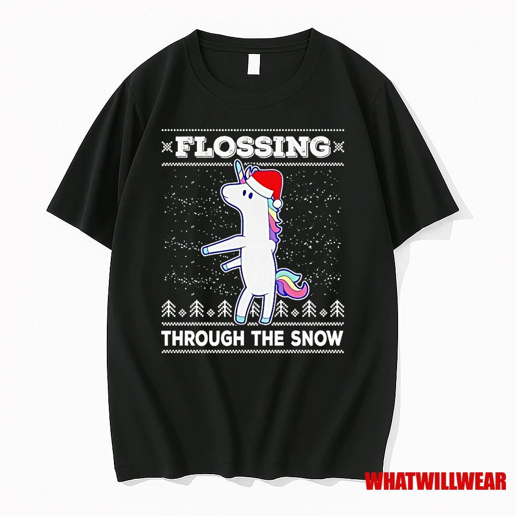 Unicorn With Santa Claus Hat Flossing Through The Snow Ugly Christmas Shirts