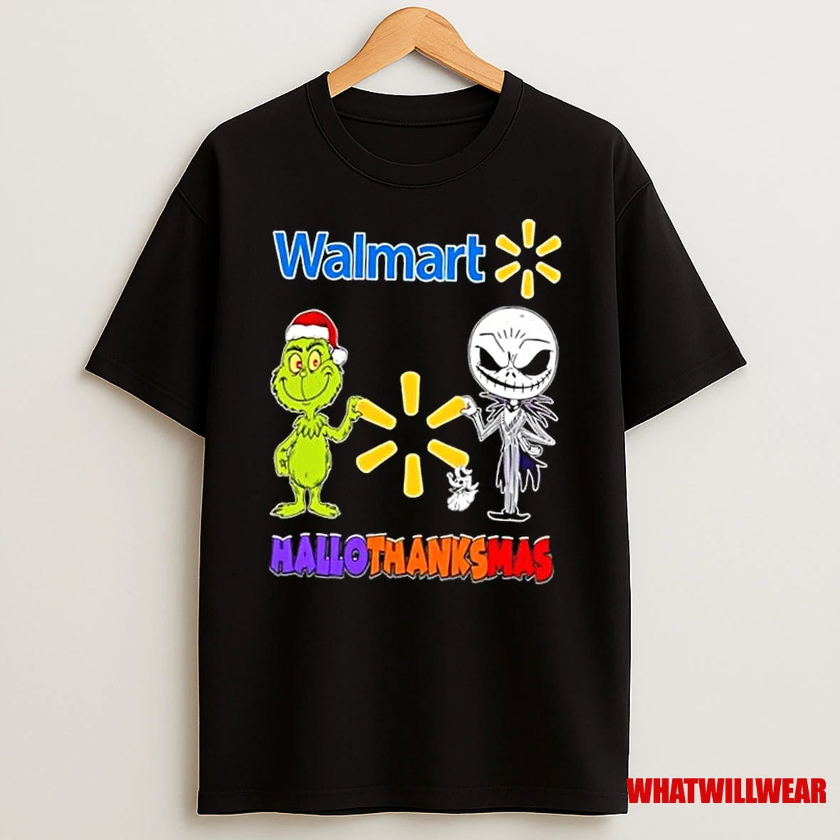 Walmart X Grinch And Jack Skellington Friends Fist Bump Happy Hallothanksmas Shirts