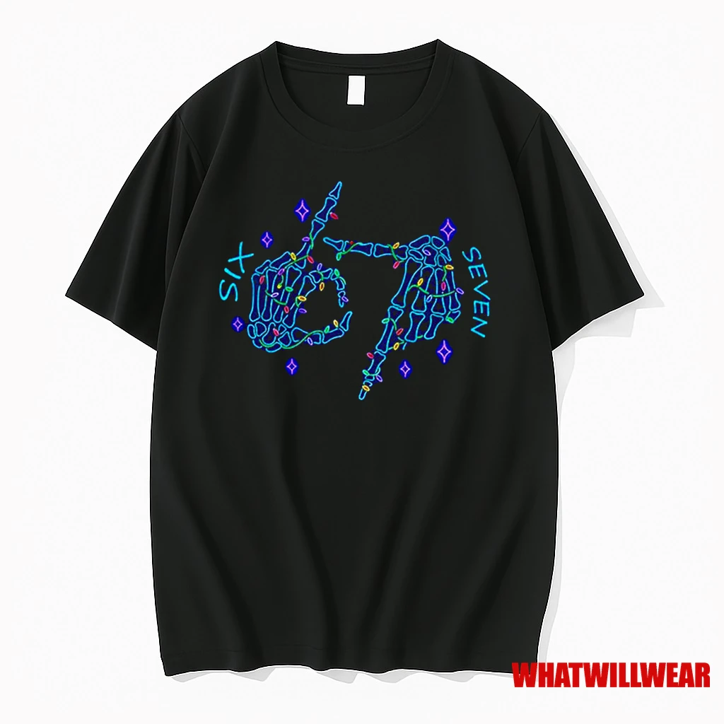 Funny Six Seven Meme Christmas Neon Skeleton Hand Classic Shirts