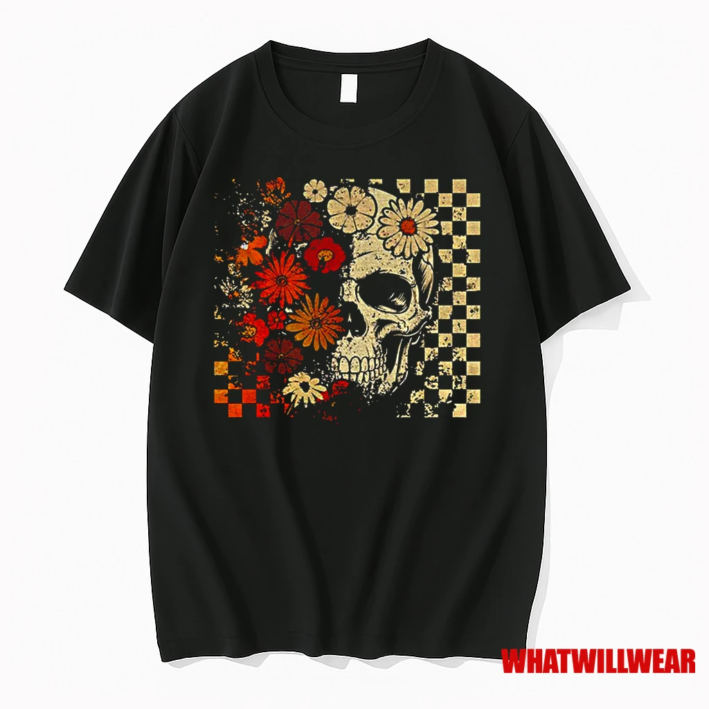 Funny Skull Checkered Skeleton Floral Spooky Season Halloween Classic Shirts