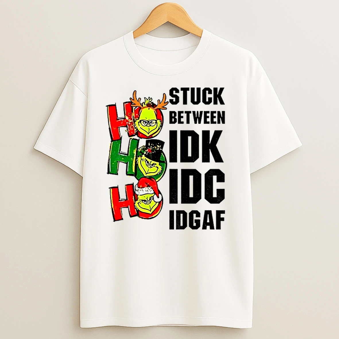Grinch Stuck Between Idk Idc Idgaf Christmas Classic Shirts
