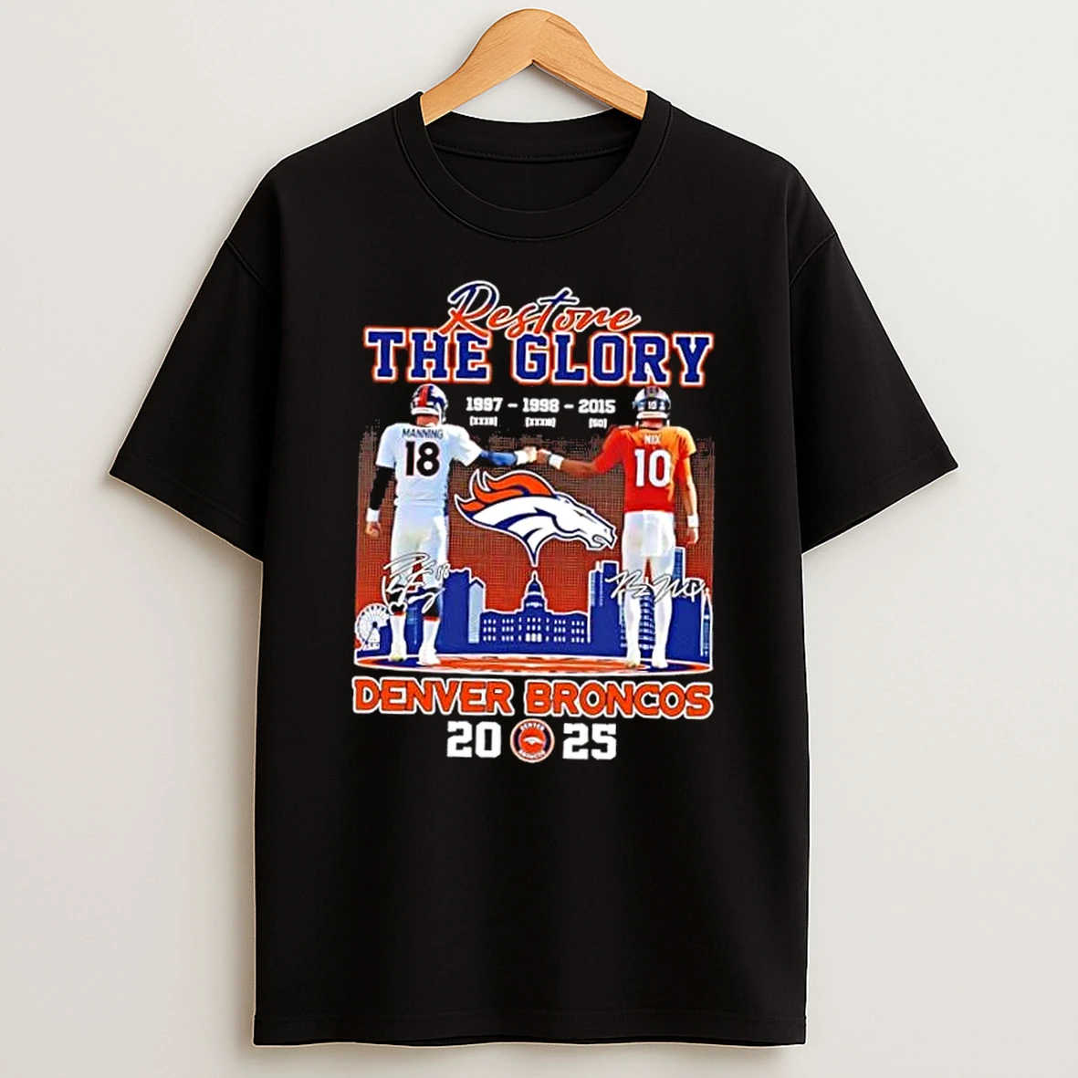 2025 Restore The Glory Denver Broncos Manning X Nix Skyline Shirts