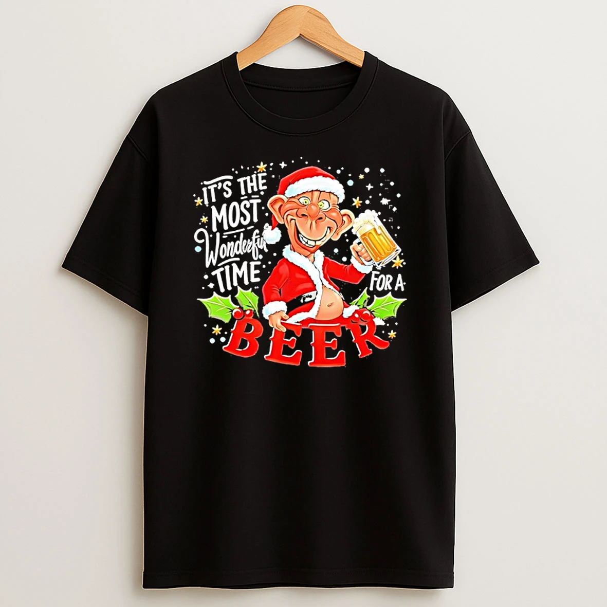 A Man Holding A Glass Of Beer Santa Suit Its The Most Wonderful Time For A Beer Shirts