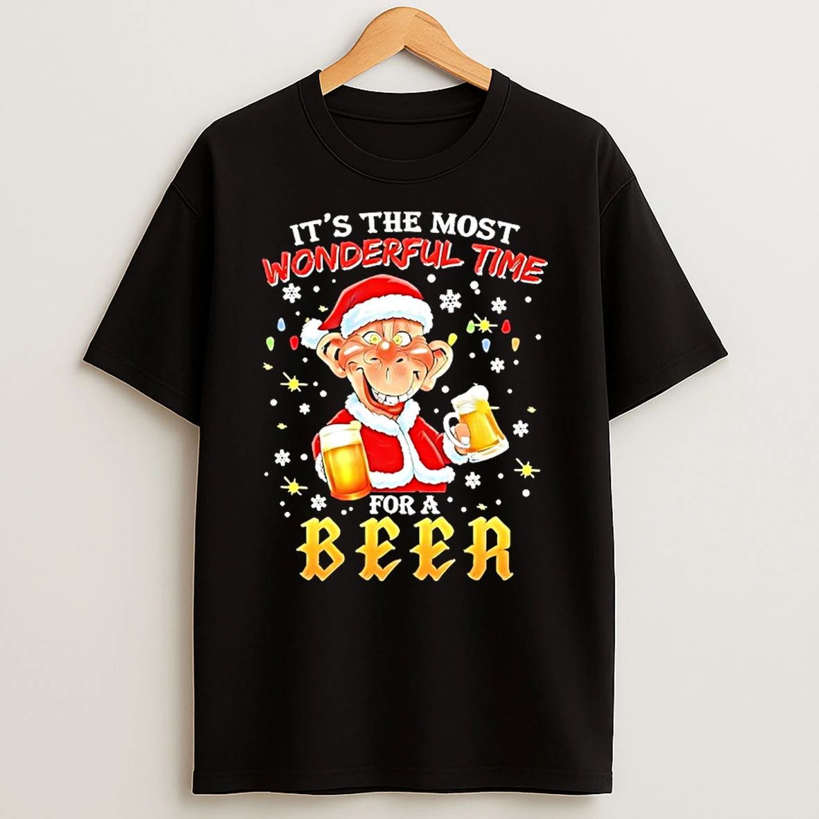 A Man Holding A Glass Of Two Beer Santa Suit Its The Most Wonderful Time For A Beer Shirts