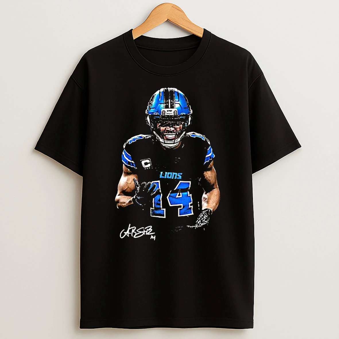 Amon Ra St Brown Detroit Lions Football Portrait Number 14 Signature Shirts