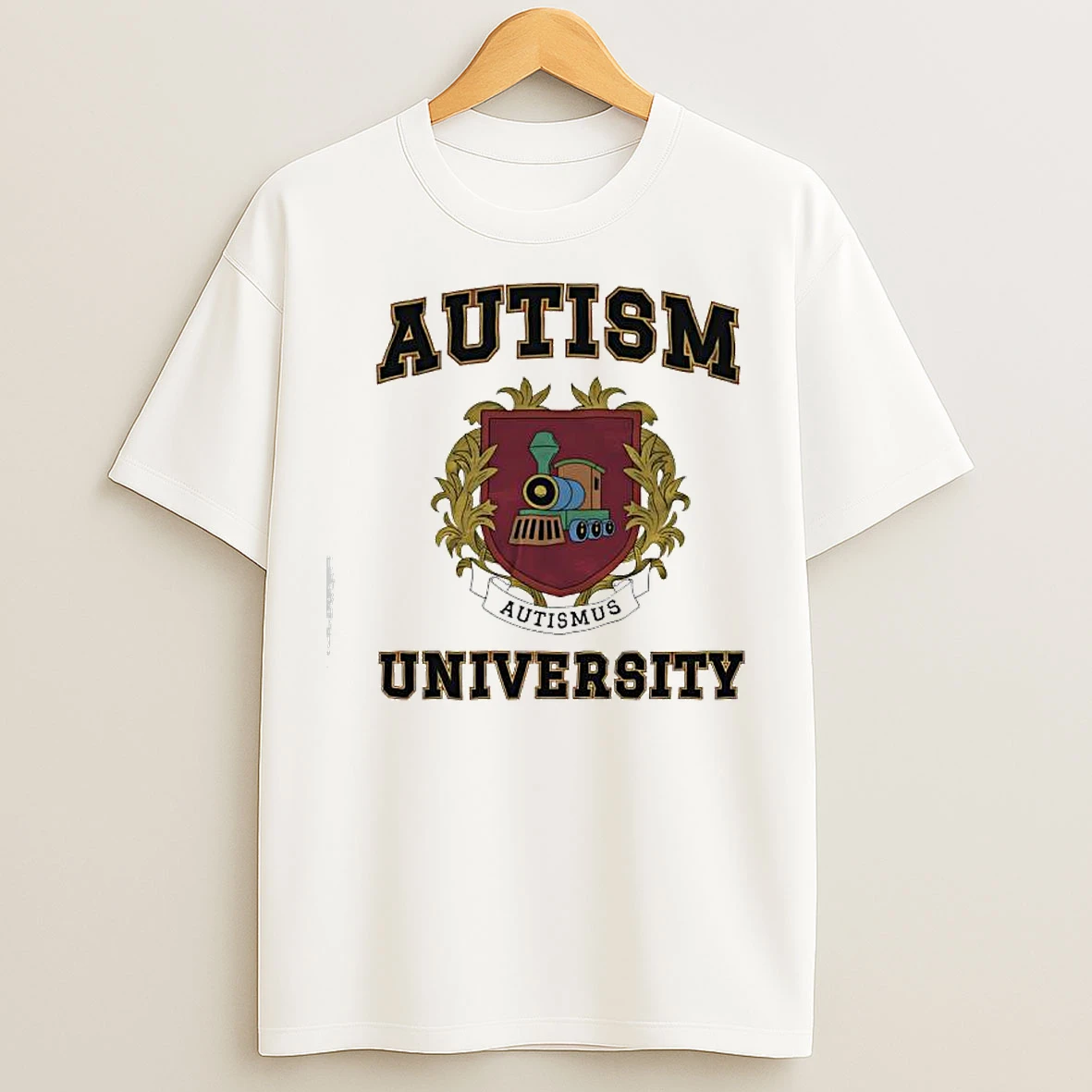 Autism University Shield Crest With A Toy Train Graphic T Shirts
