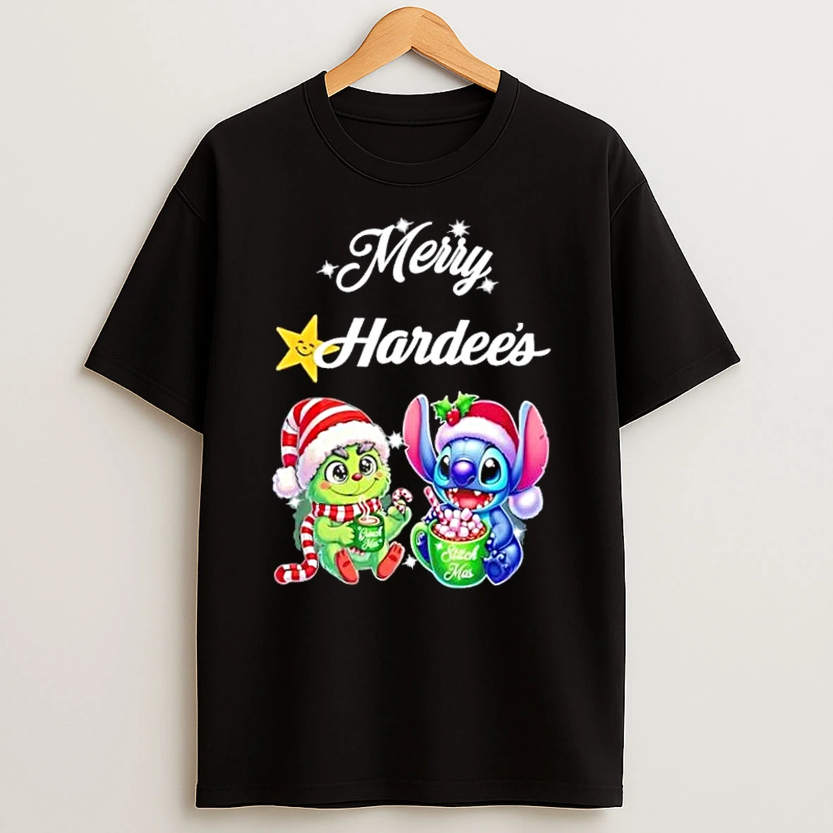 Baby Grinch And Stitch X Hardees Merry Christmas Shirts