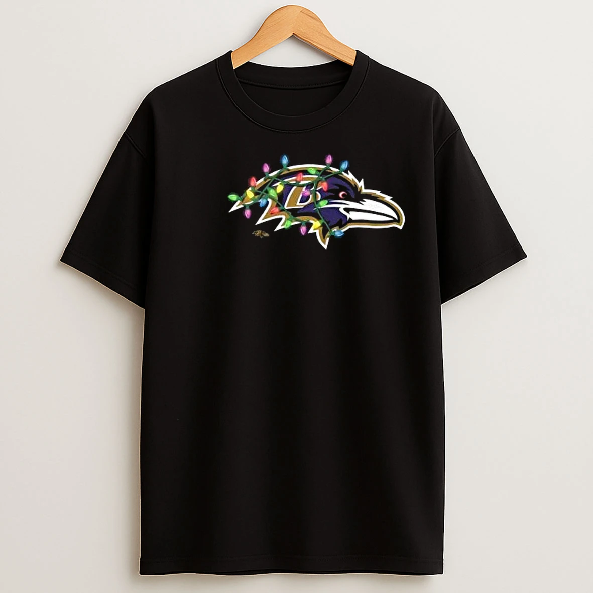 Baltimore Ravens Primary Logo Holiday Lights 2025 Circle Black T Shirts