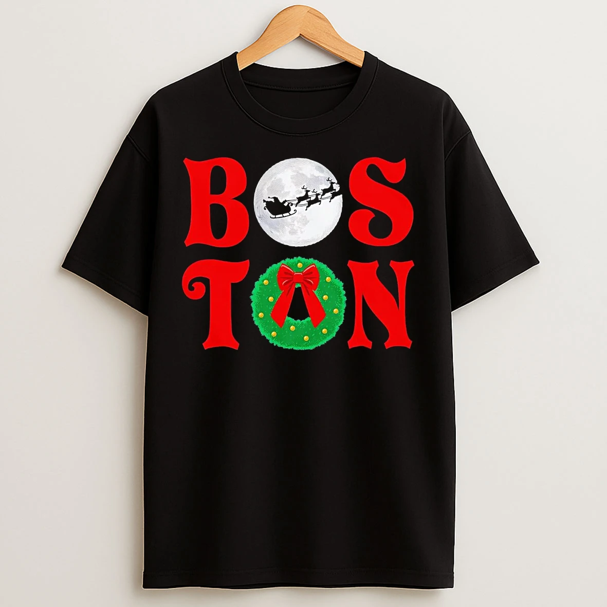 Boston Santa Sleigh Christmas Wreath T Shirts