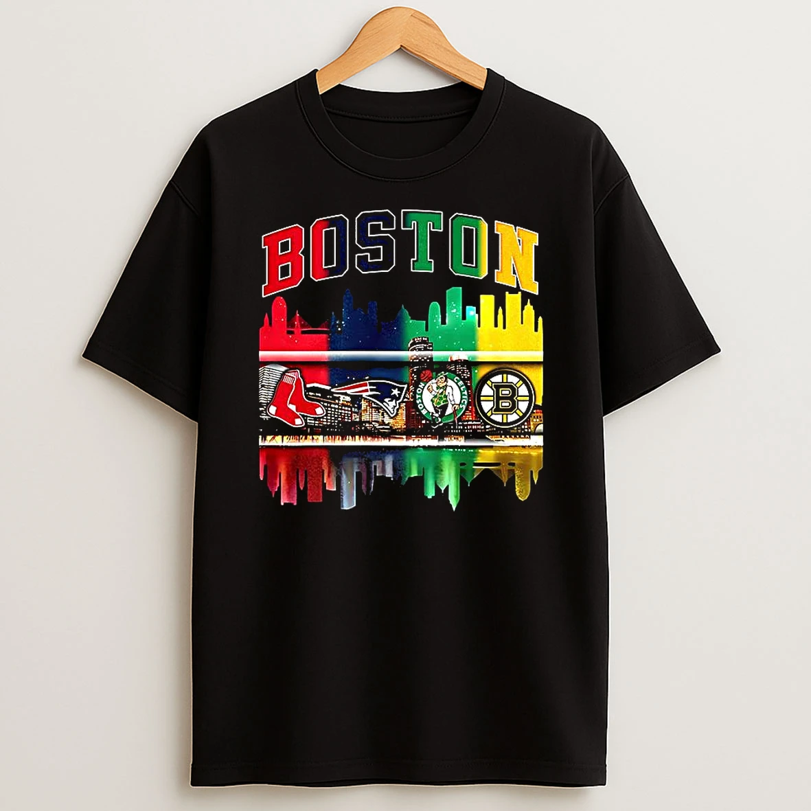 Boston Sports Teams Red Sox Patriots Celtics Bruins Logo City Skyline Shirts