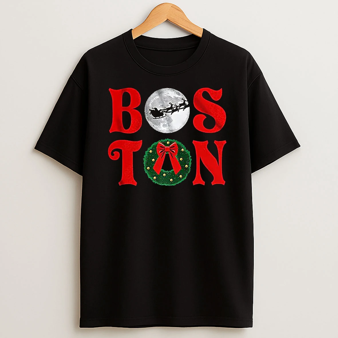 Boston Stacked Christmas Wreath Santa Claus Sleigh Flying Over The Moon Shirts