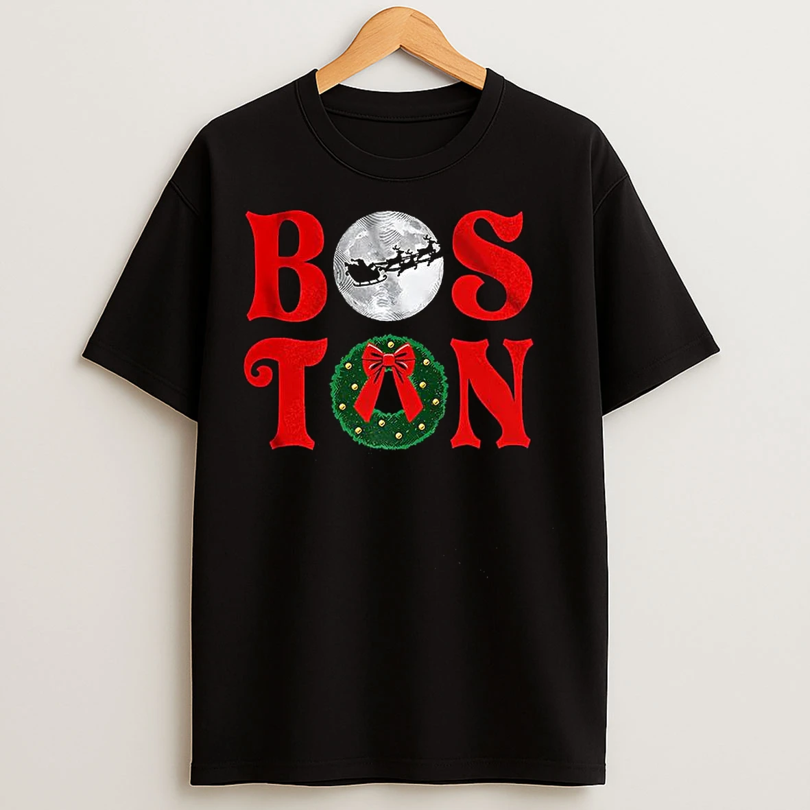 Boston Stacked Christmas Wreath Santa Claus Sleigh Flying Over The Moon T Shirts