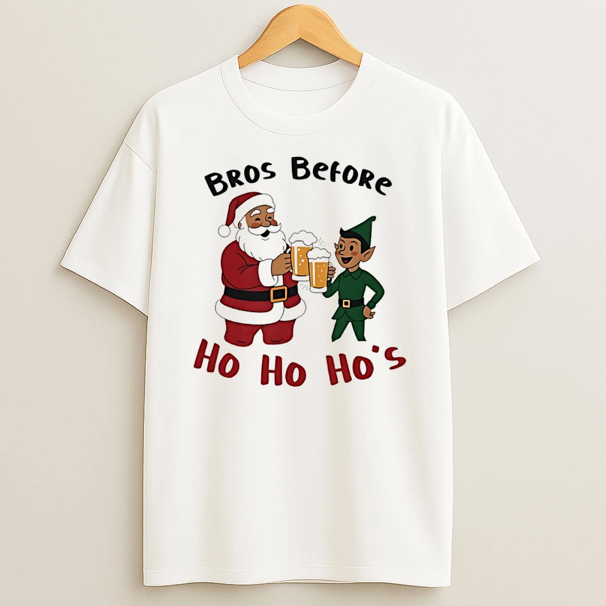Bros Before Ho Ho Hos Santa And An Elf With Beer Christmas Shirts