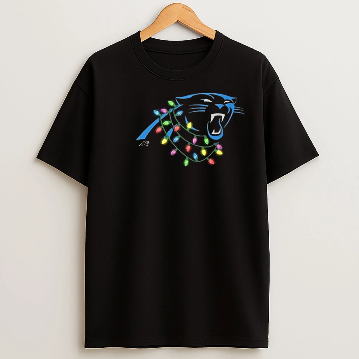 Carolina Panthers Primary Logo Holiday Lights 2025 Circle Black T Shirts