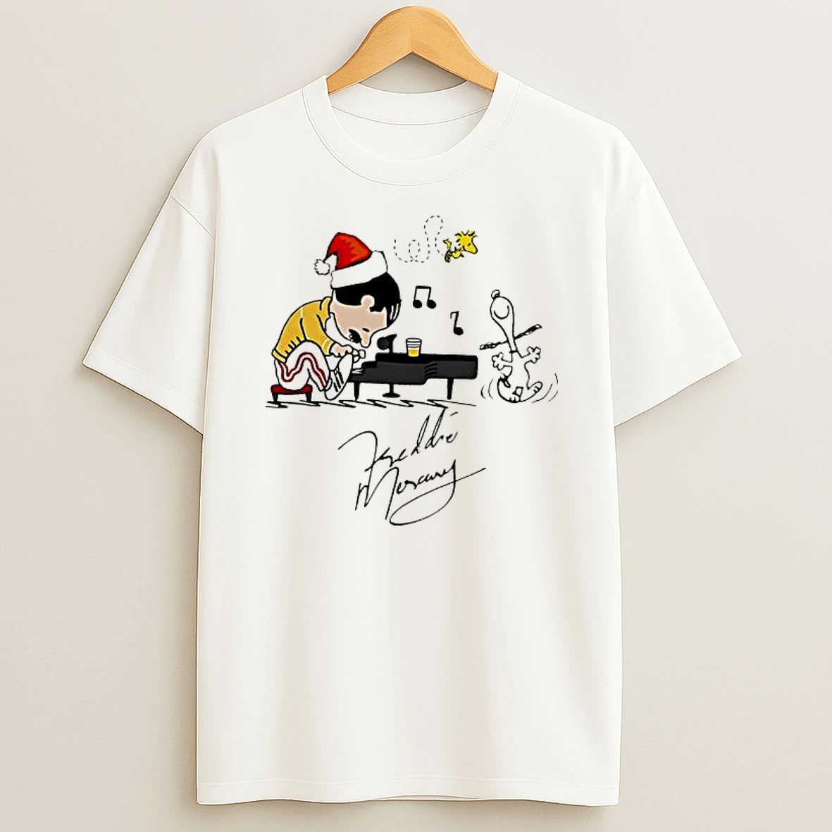 Charlie As Freddie Mercury Playing Piano And Snoopy Woodstock Shirts