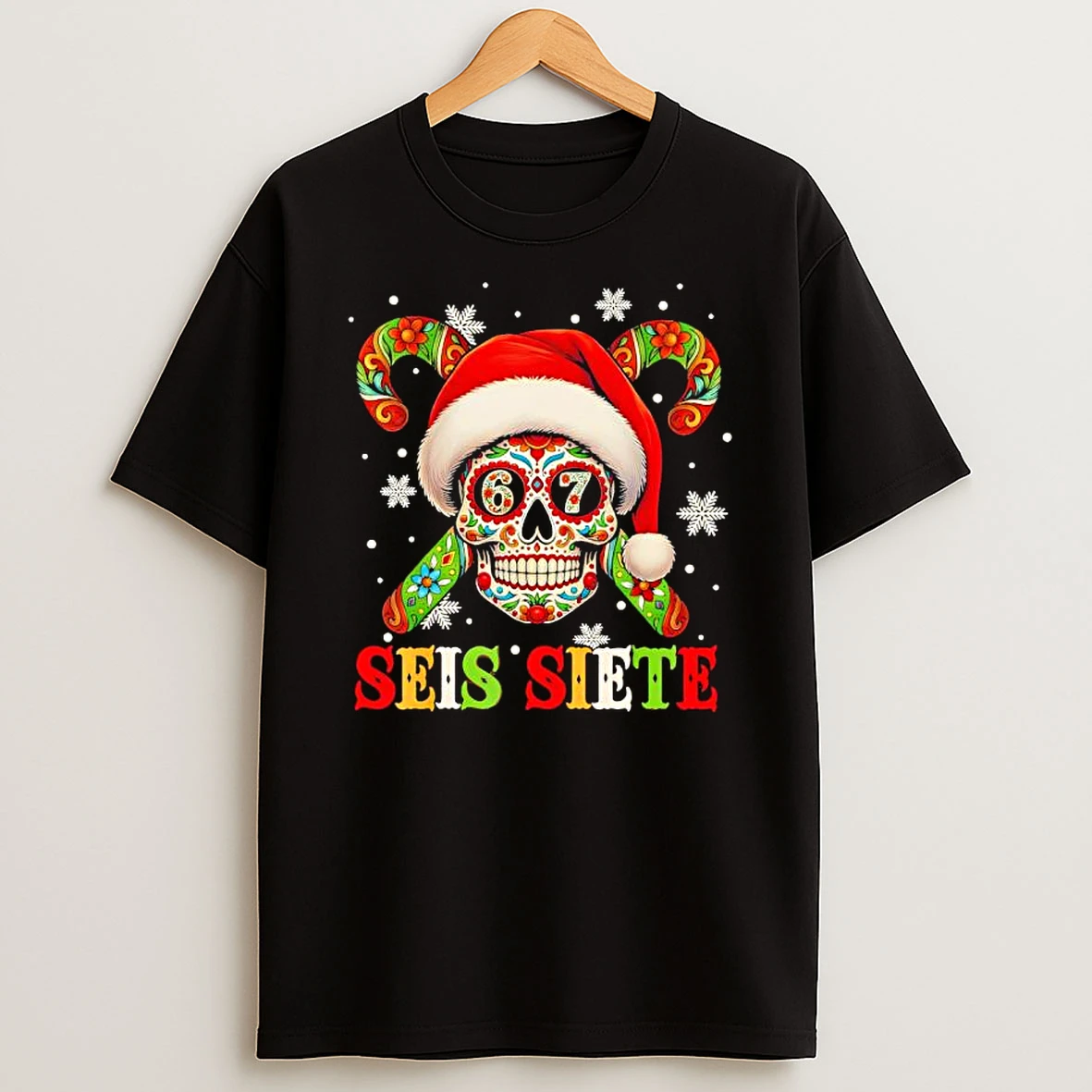 Christmas Dia De Los Muertos Sugar Skull Seis Siete 67 Xmas Shirts