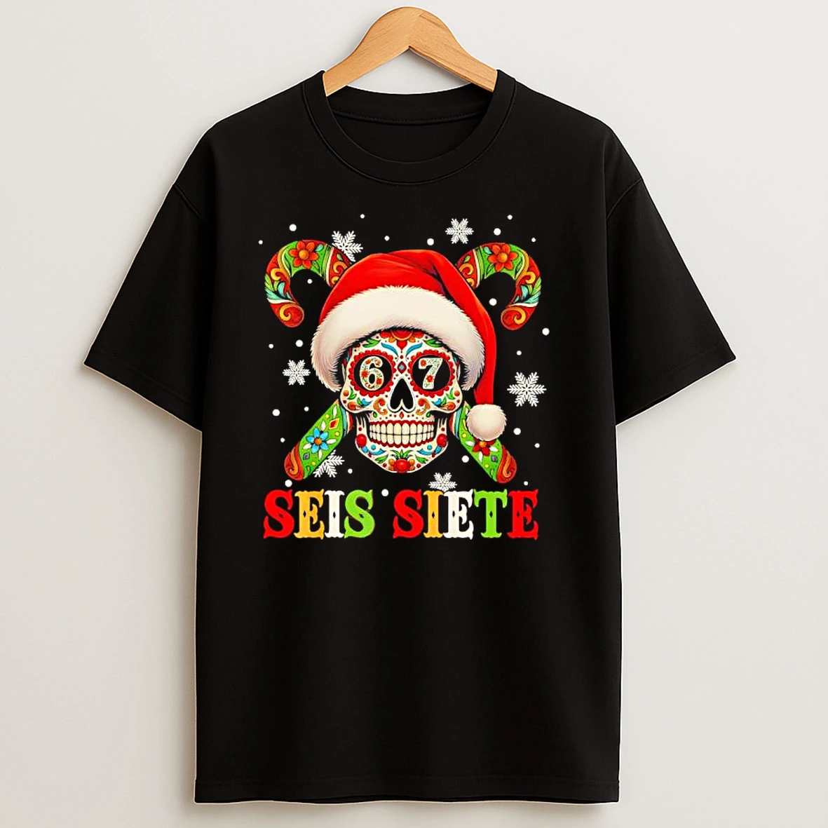 Christmas Dia De Los Muertos Sugar Skull Seis Siete 67 Xmas T Shirts