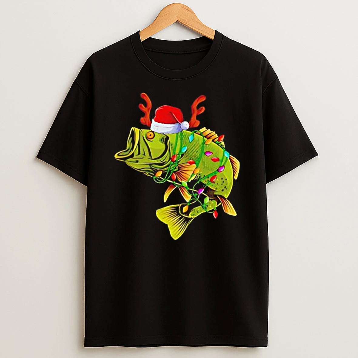 Christmas Fishing Santa Bass Holiday Lights Funny Black Shirts