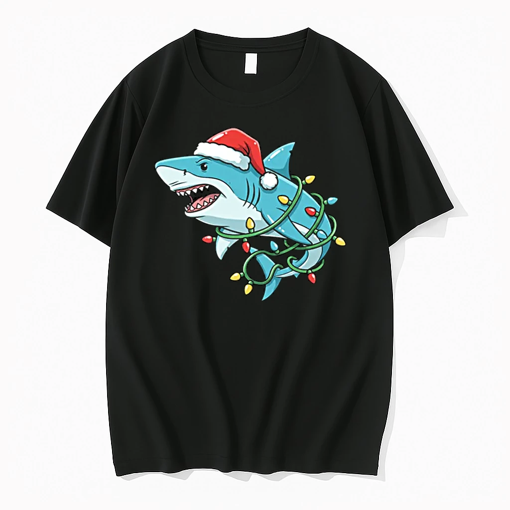 Christmas Shark Santa Hat Wrapped In Lights Funny Xmas Shark Shirts