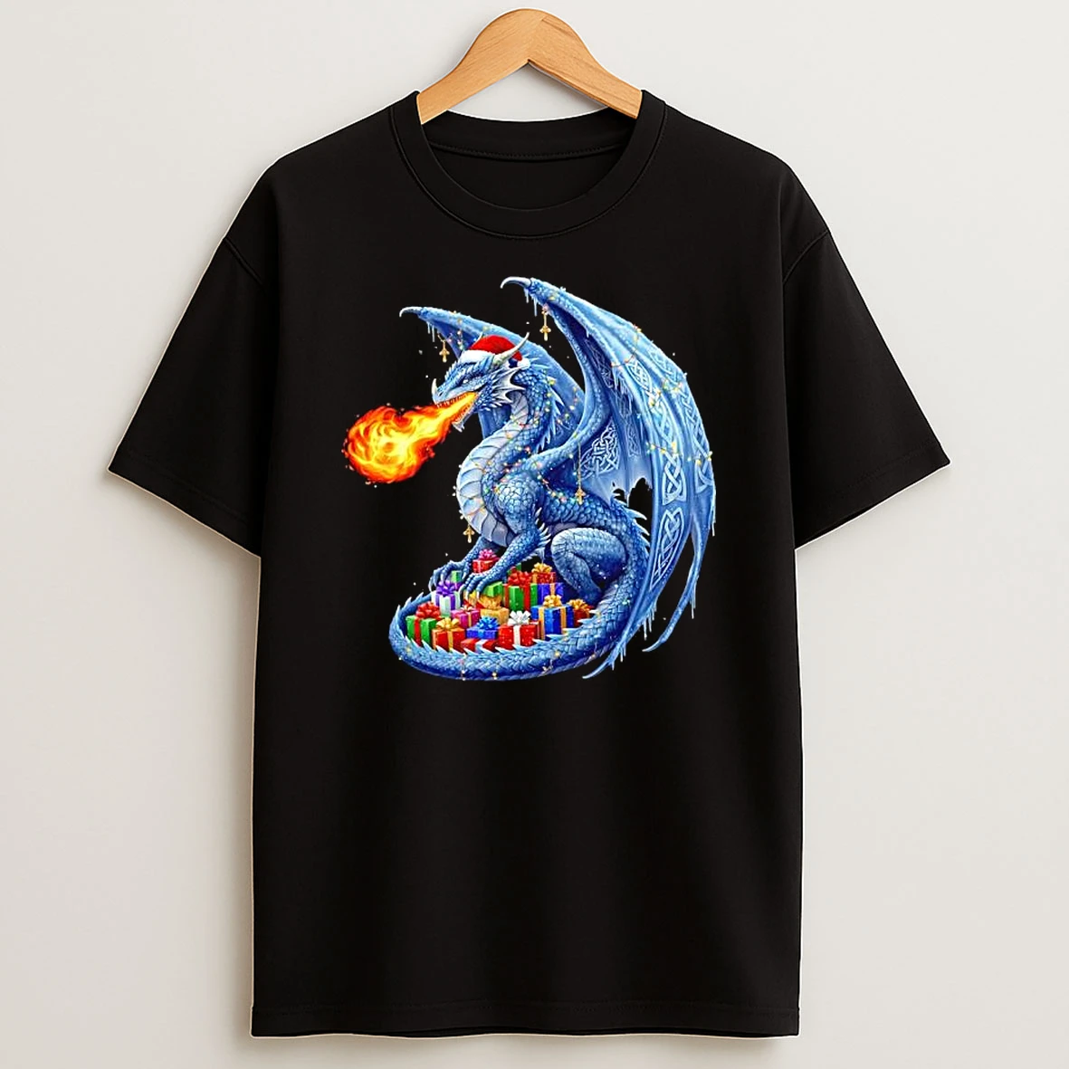 Christmas Dragon Breathing Fire Over A Pile Of Presents Shirts