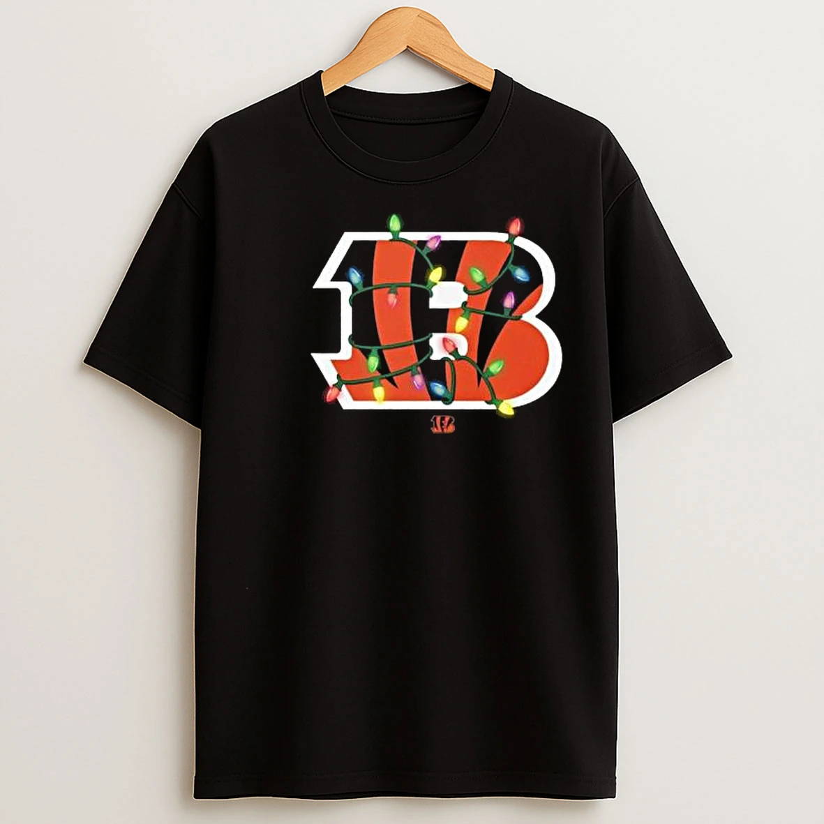 Cincinnati Bengals Primary Logo Holiday Lights 2025 Circle Black T Shirts