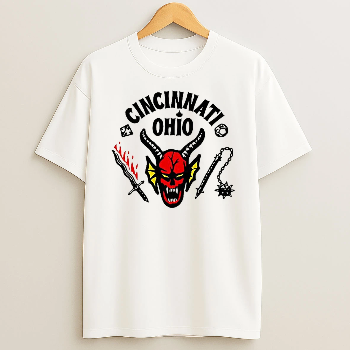 Cincinnati Hellfire Stranger Things Demon Mask Flaming Sword And Chained Mace Shirts