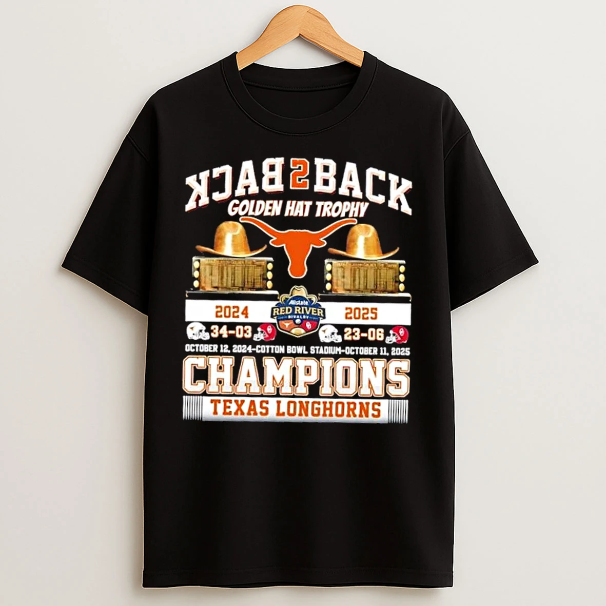 Classic 2024 2025 Back 2 Back Golden Hat Trophy Champions Texas Longhorns T Shirts