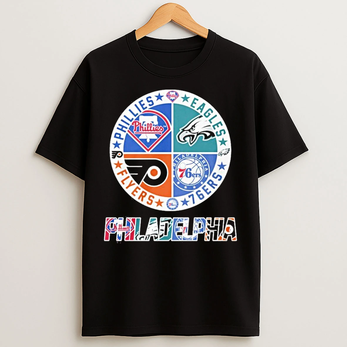 Classic 2025 Phillies Eagles 76ers And Flyers Logo T Shirts