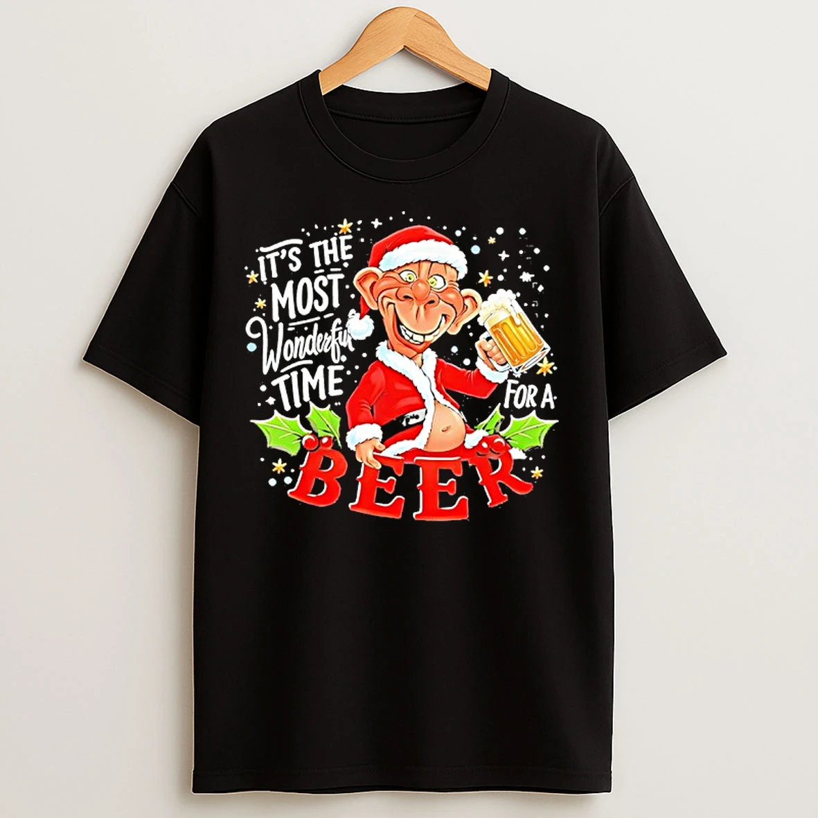 Classic A Man Holding A Glass Of Beer Santa Suit Its The Most Wonderful Time For A Beer T Shirts