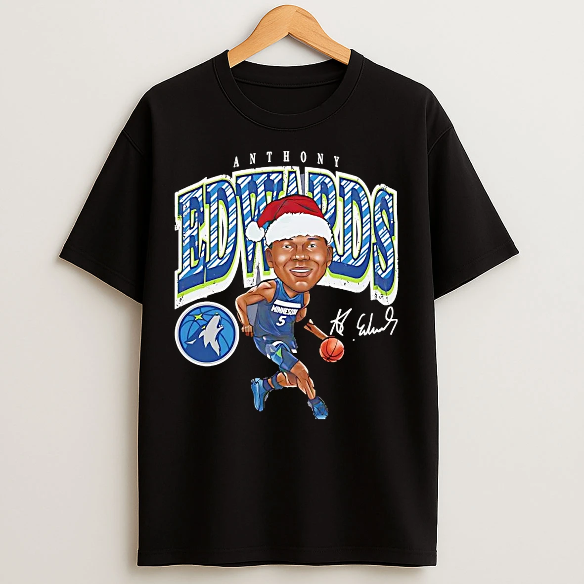 Classic Anthony Edwards Santa Cartoon Minnesota Timberwolves T Shirts