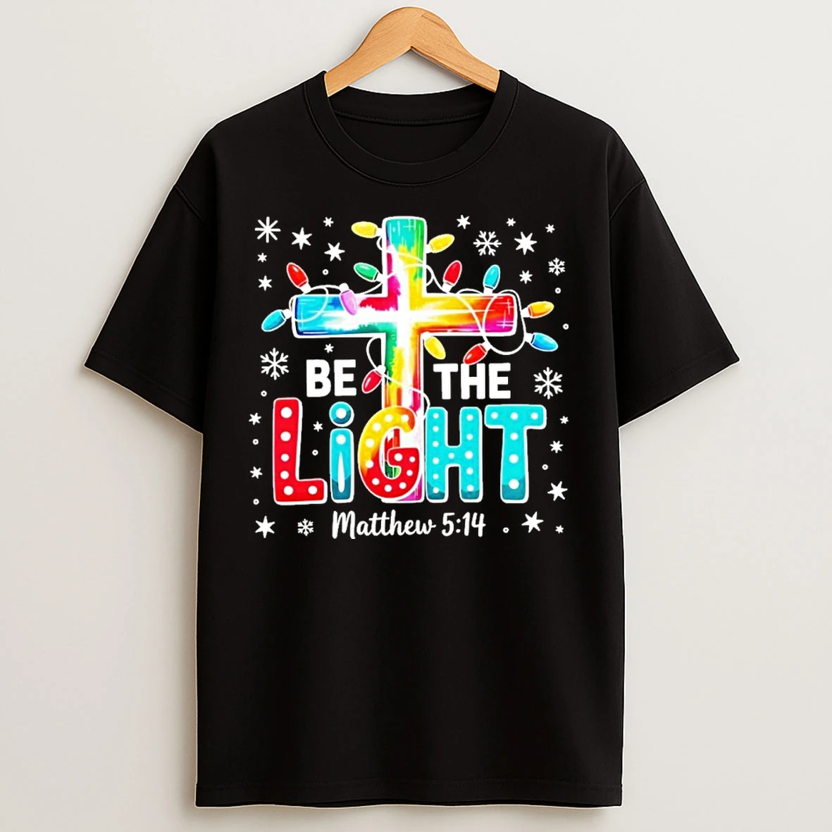 Classic Be The Light Christmas Lights Cross T Shirts